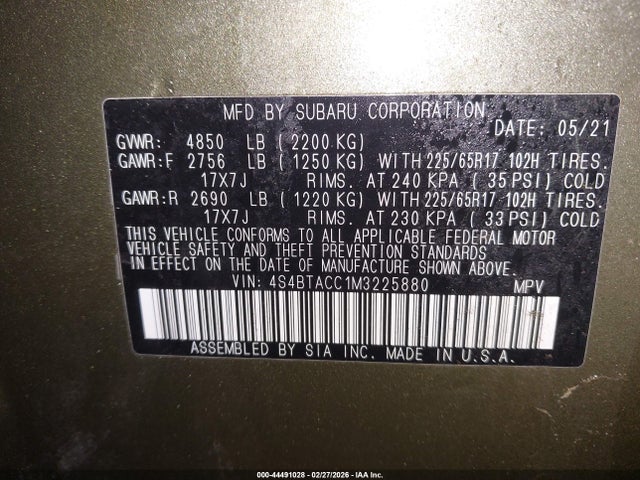 Aukcja sprzedaży 2021 Subaru Outback Premium, vin: 4S4BTACC1M3225880, numer aukcji: 44491028
