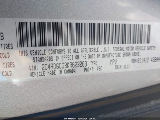 44491034 :رقم المزاد ، 2C4RDGCG3KR623263 vin ، 2019 Dodge Grand Caravan Sxt مزاد بيع