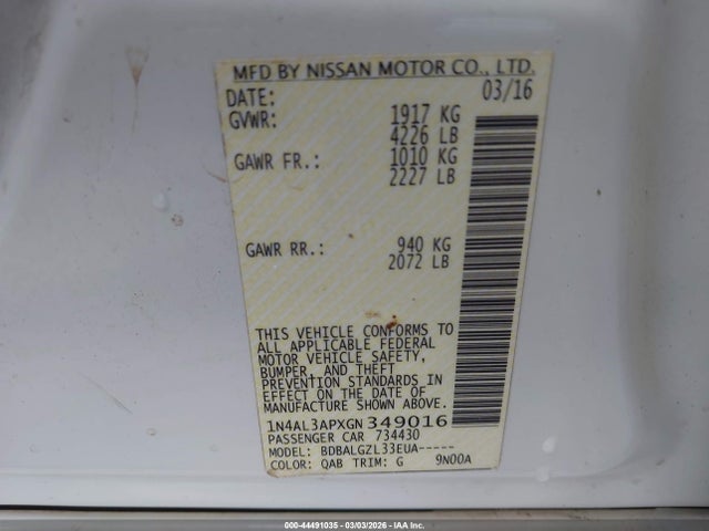 1N4AL3APXGN349016 Nissan Altima 2.5/2.5 S/2.5 Sl/2.5 Sr/2.5 Sv
