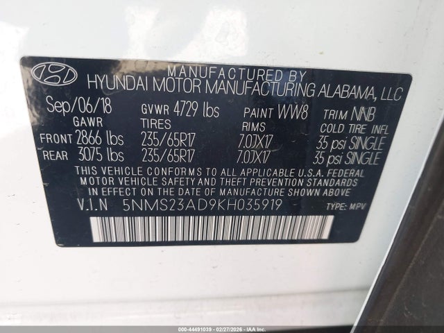 5NMS23AD9KH035919 Hyundai Santa Fe Se