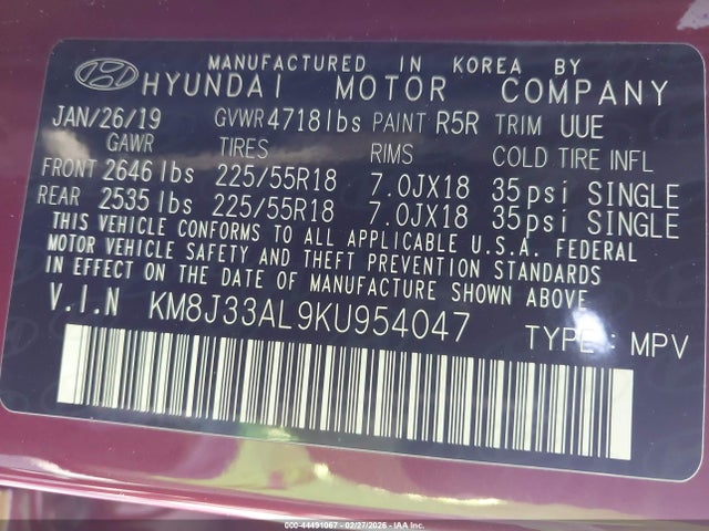 KM8J33AL9KU954047 Hyundai TUCSON SEL
