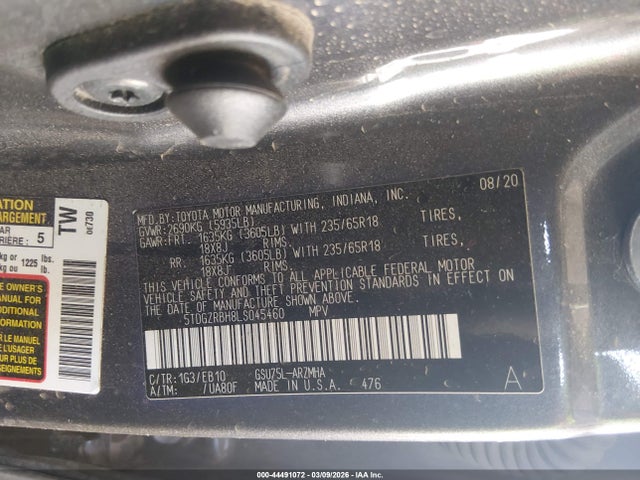 5TDGZRBH8LS045460 Toyota Highlander Xle