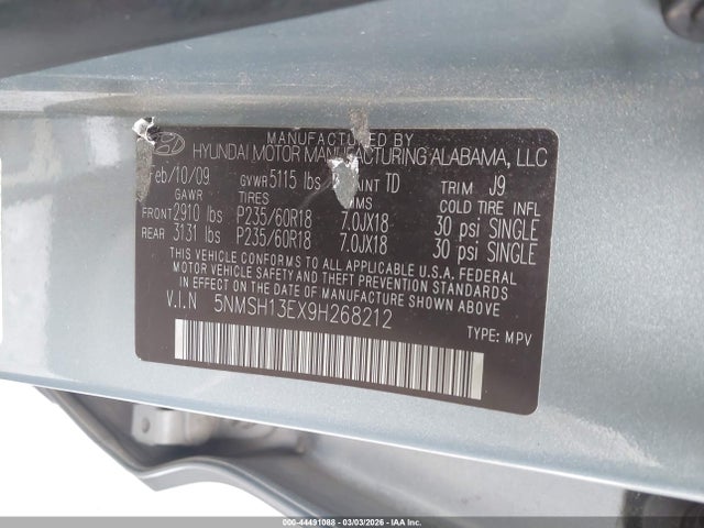 Продаж на аукціоні авто 2009 Hyundai Santa Fe Limited, vin: 5NMSH13EX9H268212, номер лоту: 44491088