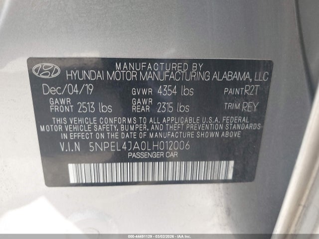 Aukcja sprzedaży 2020 Hyundai Sonata Sel, vin: 5NPEL4JA0LH012006, numer aukcji: 44491129