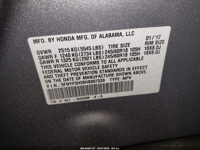 5FNYF5H59HB007539 Honda Pilot Ex-l