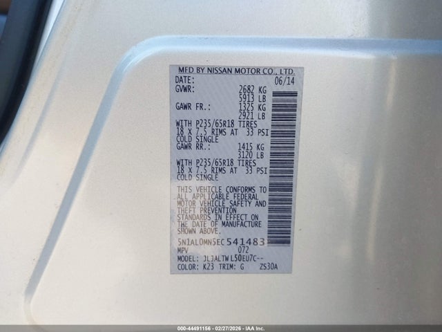 44491156 :رقم المزاد ، 5N1AL0MN5EC541483 vin ، 2014 Infiniti Qx60 مزاد بيع