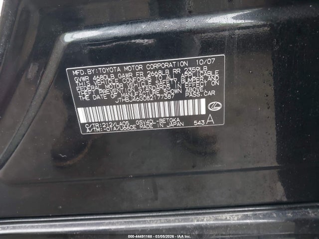 44491168 :رقم المزاد ، JTHBJ46G082177387 vin ، 2008 Lexus Es 350 مزاد بيع