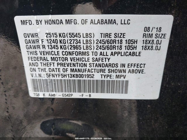 5FNYF5H13KB001952 Honda PILOT LX