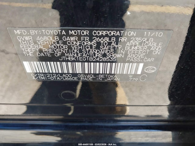 Aukcja sprzedaży 2011 Lexus Es 350, vin: JTHBK1EG1B2428535, numer aukcji: 44491189