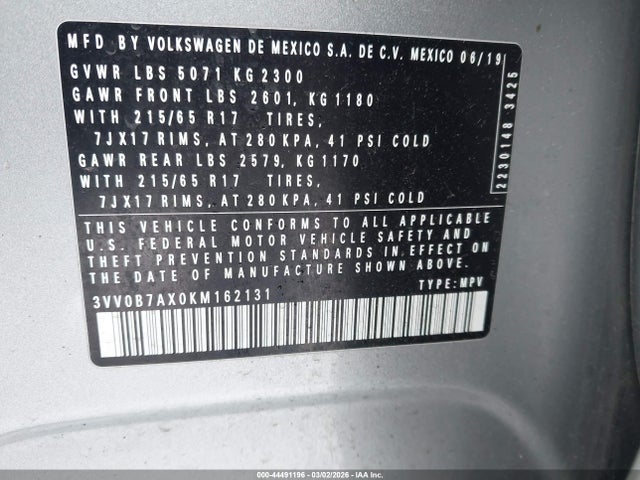 2019 VOLKSWAGEN TIGUAN 3VV0B7AX0KM162131 Photo 8