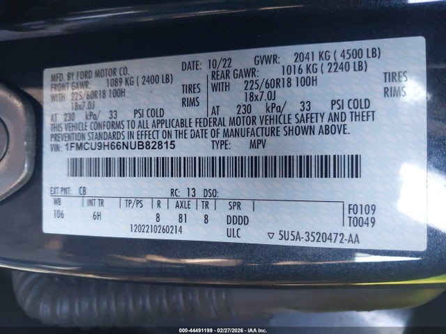 Продаж на аукціоні авто 2022 Ford Escape Sel, vin: 1FMCU9H66NUB82815, номер лоту: 44491199