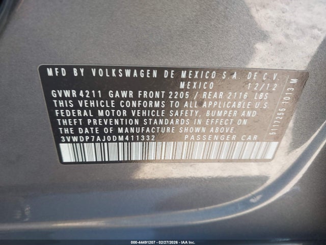 Продаж на аукціоні авто 2013 Volkswagen Jetta 2.5l Se, vin: 3VWDP7AJ0DM411332, номер лоту: 44491207