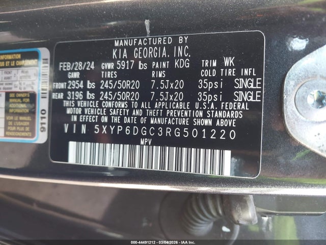 44491212 :رقم المزاد ، 5XYP6DGC3RG501220 vin ، 2024 Kia Telluride S مزاد بيع