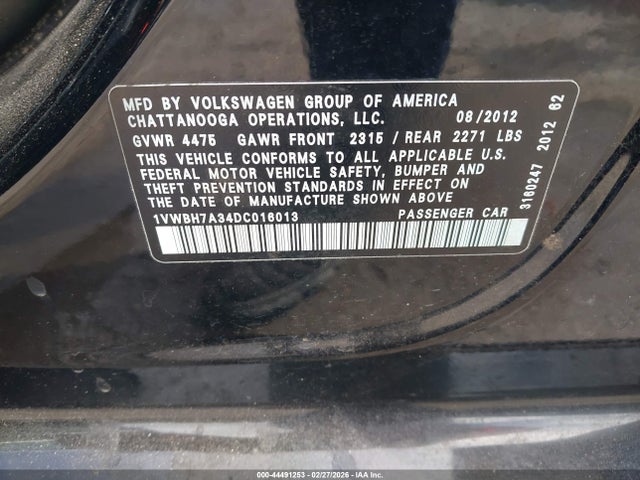 Aukcja sprzedaży 2013 Volkswagen Passat 2.5l Se, vin: 1VWBH7A34DC016013, numer aukcji: 44491253