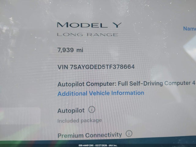 44491265 :رقم المزاد ، 7SAYGDED5TF378664 vin ، 2026 Tesla Model Y مزاد بيع