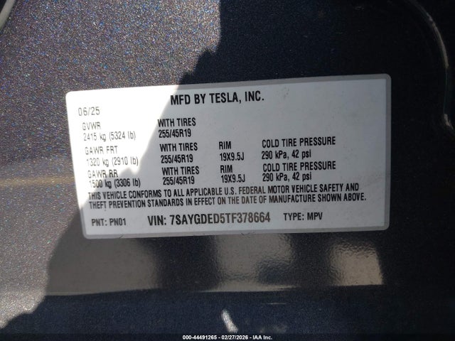 44491265 :رقم المزاد ، 7SAYGDED5TF378664 vin ، 2026 Tesla Model Y مزاد بيع