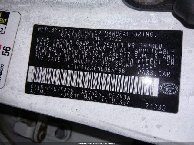 2022 Toyota Camry Le Awd მანქანა იყიდება აუქციონზე, vin: 4T1C11BK6NU065686, აუქციონის ნომერი: 44491275