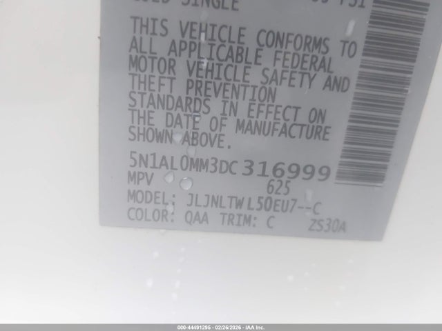 44491295 :رقم المزاد ، 5N1AL0MM3DC316999 vin ، 2013 Infiniti Jx35 مزاد بيع