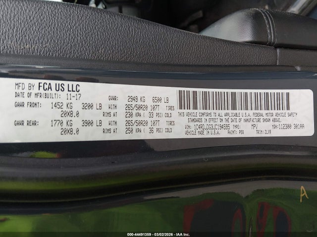 Продаж на аукціоні авто 2018 Dodge Durango Gt Awd, vin: 1C4RDJDG3JC194595, номер лоту: 44491359