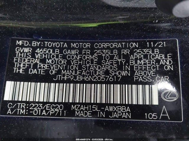 44491374 :رقم المزاد ، JTHP9JBH6N2057617 vin ، 2022 Lexus Ux 250h مزاد بيع