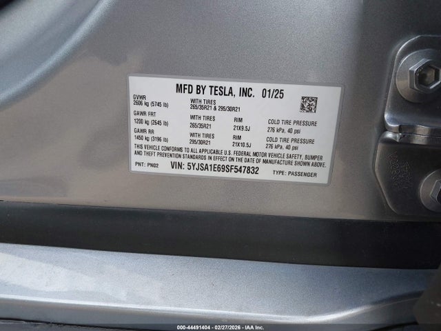 Продаж на аукціоні авто 2025 Tesla Model S Plaid, vin: 5YJSA1E69SF547832, номер лоту: 44491404