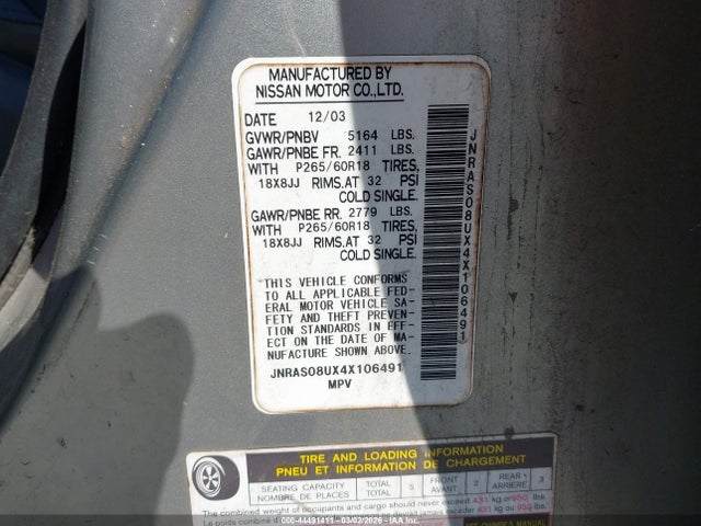 Aukcja sprzedaży 2004 Infiniti Fx35, vin: JNRAS08UX4X106491, numer aukcji: 44491411