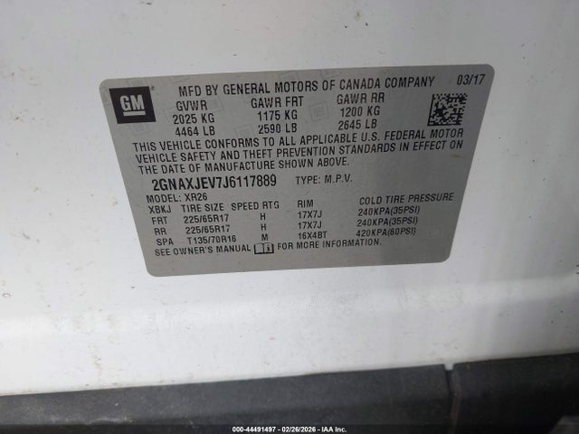 Auction sale of the 2018 Chevrolet Equinox Lt, vin: 2GNAXJEV7J6117889, lot number: 44491497