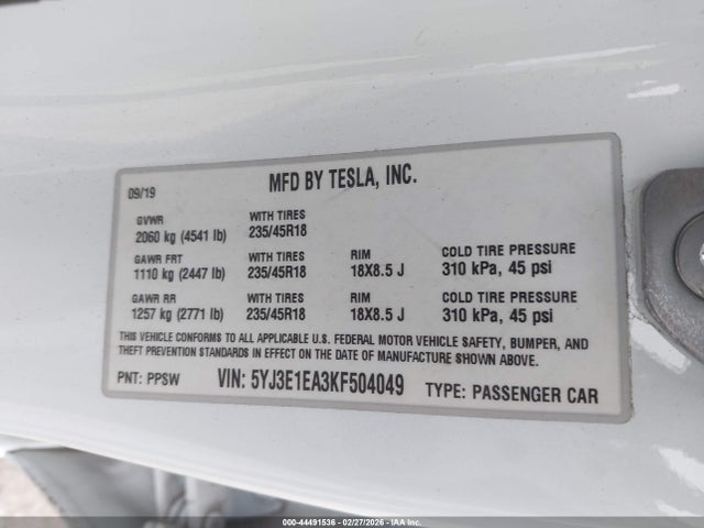 2019 TESLA MODEL 3 5YJ3E1EA3KF504049 Photo 8