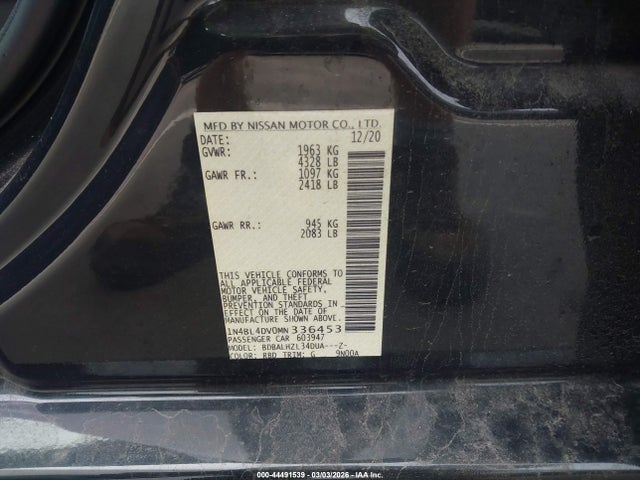 44491539 :رقم المزاد ، 1N4BL4DV0MN336453 vin ، 2021 Nissan Altima Sv Fwd مزاد بيع