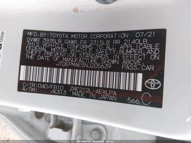 JTDEPMAE5NJ205639 Toyota COROLLA LE