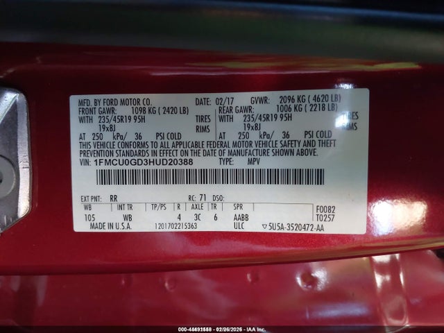 2017 Ford Escape Se მანქანა იყიდება აუქციონზე, vin: 1FMCU0GD3HUD20388, აუქციონის ნომერი: 44491558