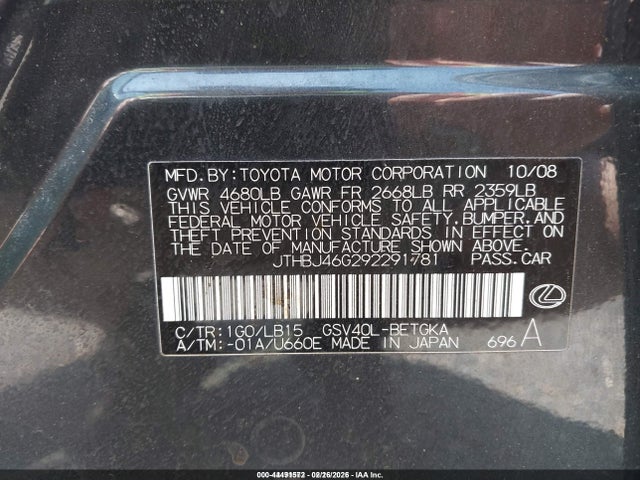 44491572 :رقم المزاد ، JTHBJ46G292291781 vin ، 2009 Lexus Es 350 مزاد بيع