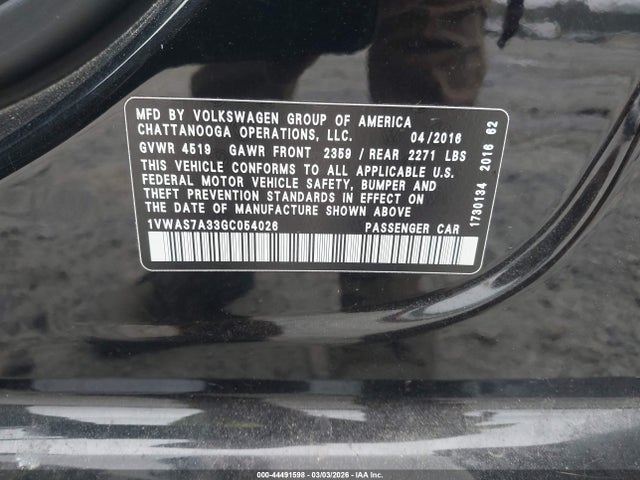 Продажа на аукционе авто 2016 Volkswagen Passat 1.8t S, vin: 1VWAS7A33GC054026, номер лота: 44491598