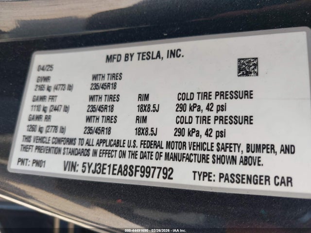 Aukcja sprzedaży 2025 Tesla Model 3 Long Range Rear-wheel Drive/standard Rear-wheel Drive, vin: 5YJ3E1EA8SF997792, numer aukcji: 44491690
