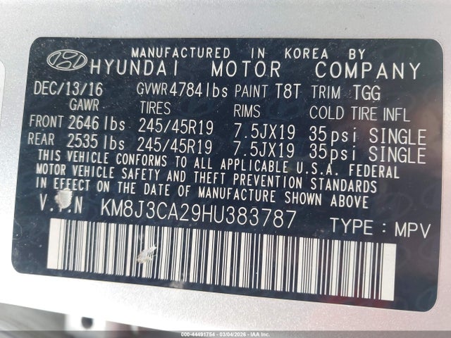 2017 HYUNDAI TUCSON KM8J3CA29HU383787 Photo 8