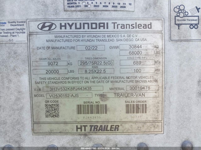 44491788 :رقم المزاد ، 3H3V532K8PJ443435 vin ، 2023 Hyundai Translead Inc Unknown مزاد بيع