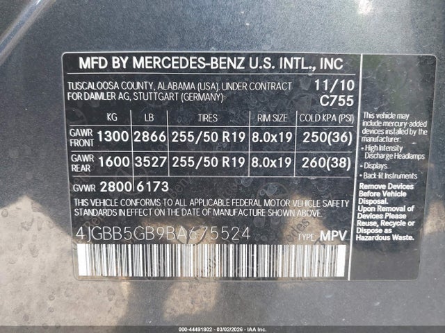 Продажа на аукционе авто 2011 Mercedes-benz Ml 350, vin: 4JGBB5GB9BA675524, номер лота: 44491802