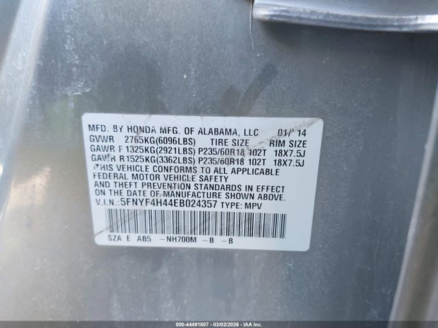 2014 Honda Pilot Ex მანქანა იყიდება აუქციონზე, vin: 5FNYF4H44EB024357, აუქციონის ნომერი: 44491807