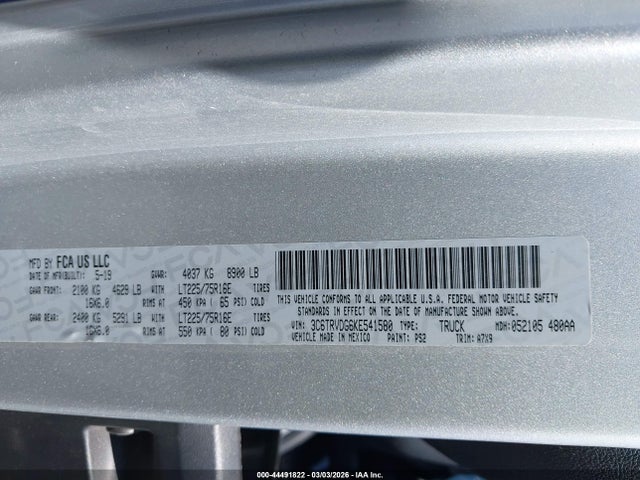 44491822 :رقم المزاد ، 3C6TRVDG6KE541580 vin ، 2019 Ram Promaster 2500 High Roof 159 Wb مزاد بيع