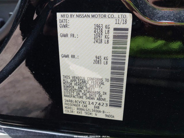 Aukcja sprzedaży 2019 Nissan Altima 2.5 Sr, vin: 1N4BL4CV7KC147423, numer aukcji: 44491826