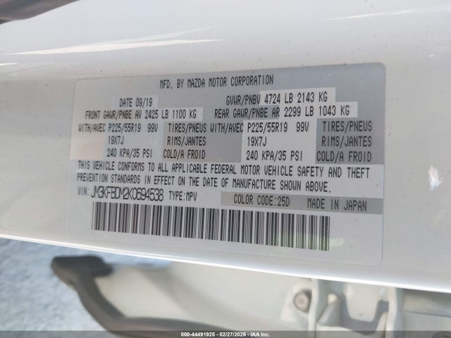 44491925 :رقم المزاد ، JM3KFBDM2K0694538 vin ، 2019 Mazda Cx-5 Grand Touring مزاد بيع