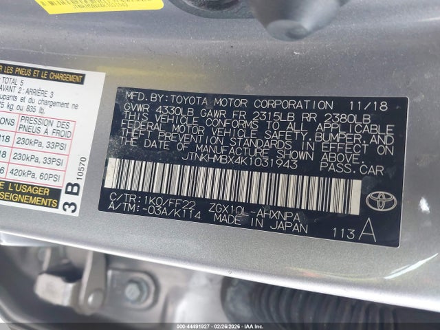44491927 :رقم المزاد ، JTNKHMBX4K1031943 vin ، 2019 Toyota C-hr Xle مزاد بيع