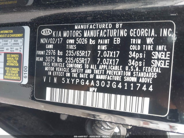 Продажа на аукционе авто 2018 Kia Sorento 2.4l L, vin: 5XYPG4A30JG411744, номер лота: 44491937