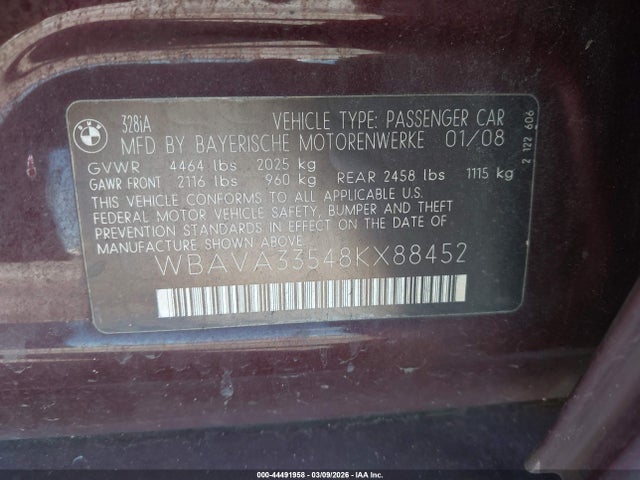Продажа на аукционе авто 2008 Bmw 328i, vin: WBAVA33548KX88452, номер лота: 44491958