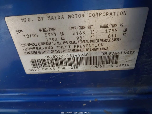 Aukcja sprzedaży 2006 Mazda Mazda3 S Grand Touring, vin: JM1BK323261449601, numer aukcji: 44491985