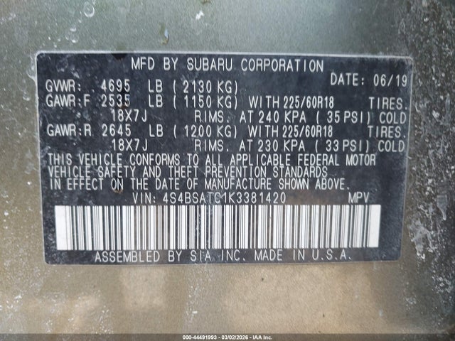 44491993 :رقم المزاد ، 4S4BSATC1K3381420 vin ، 2019 Subaru Outback 2.5i Touring مزاد بيع