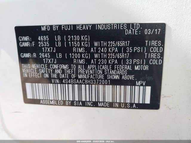 Subaru Outback 2.5i 2017 4S4BSAAC8H3372001 Image 9