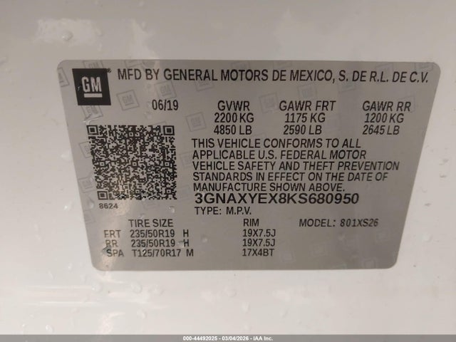 Aukcja sprzedaży 2019 Chevrolet Equinox Premier, vin: 3GNAXYEX8KS680950, numer aukcji: 44492025