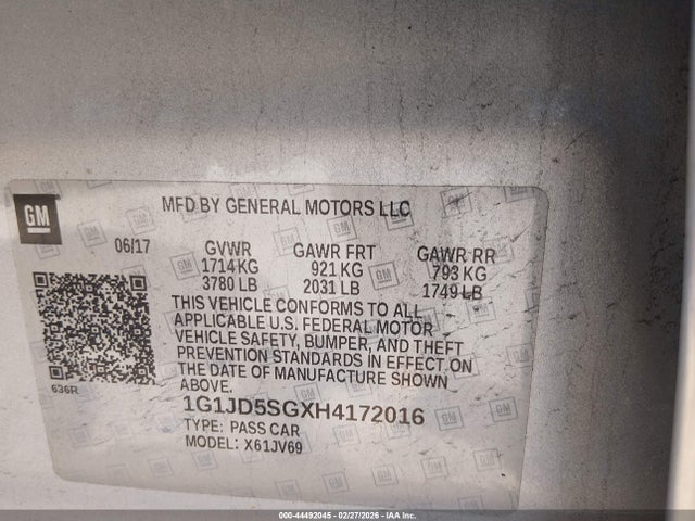 1G1JD5SGXH4172016 Chevrolet Sonic Lt Auto