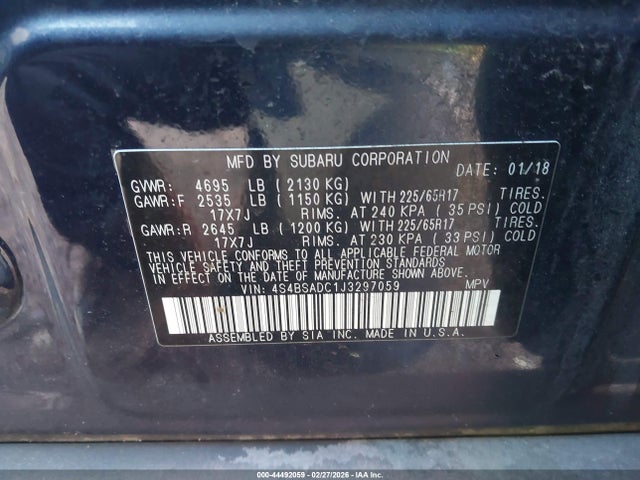Продаж на аукціоні авто 2018 Subaru Outback 2.5i Premium, vin: 4S4BSADC1J3297059, номер лоту: 44492059